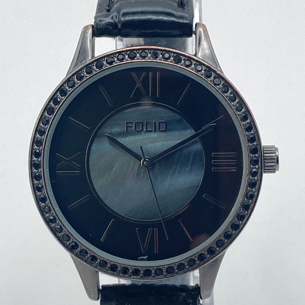 Folio Women's Watch 37mm Black Blue MOP Dial Crystals Bling Leather New Battery